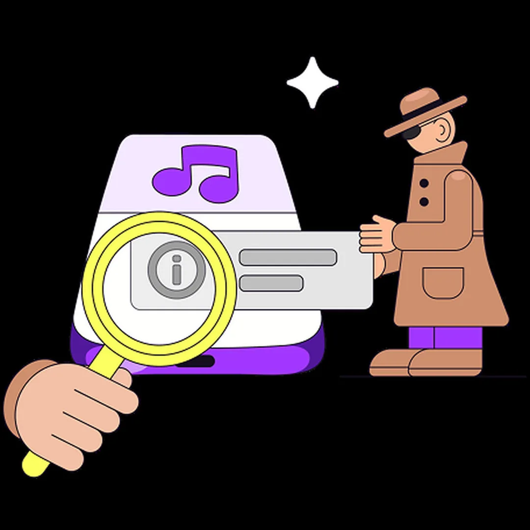 Deezer AI music detector 官方頁用嘅插圖,放大鏡檢查音樂卡片
