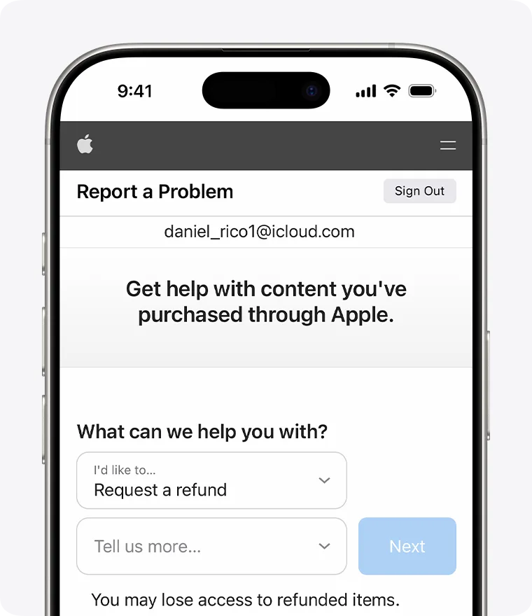 Apple Report a Problem 網頁申請退款嘅手機截圖
