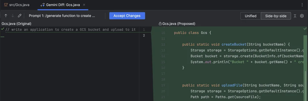 Gemini Code Assist 喺 IntelliJ 入面顯示 code diff view，方便開發者接受改動