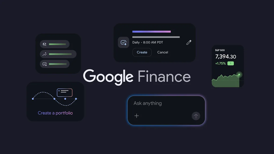 Google Finance 官方圖展示 portfolio、task 同 AI 問答介面