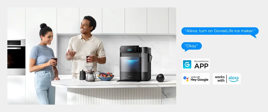 GoveeLife 製冰機放喺開放式廚房,右邊顯示 Alexa 同 Google 聲控支援