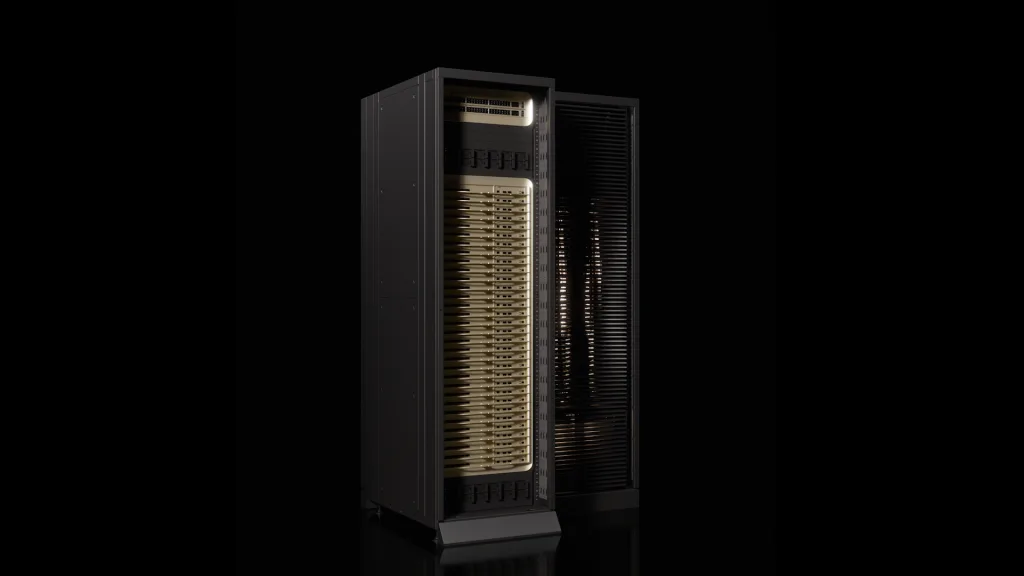 NVIDIA Groq 3 LPX rack 官方渲染圖,機櫃入面見到多層運算模組