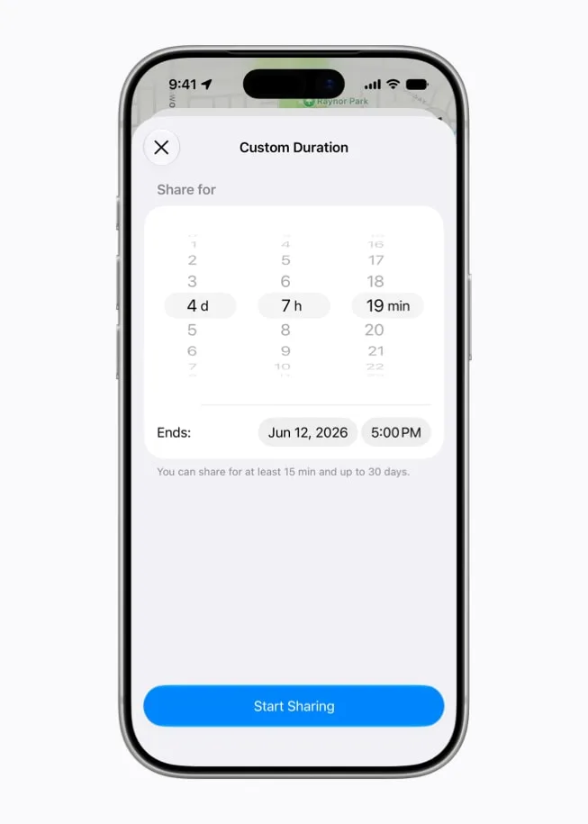 iPhone 顯示 Find My 自訂位置分享時限畫面
