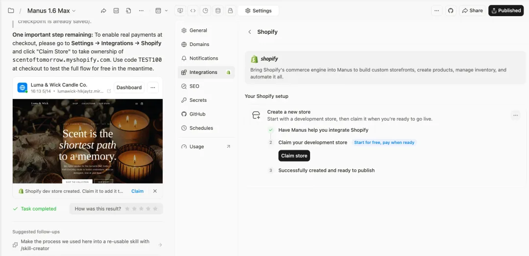 Manus 官方 blog 展示 Shopify connector 設定畫面,同左邊 AI 任務輸出。
