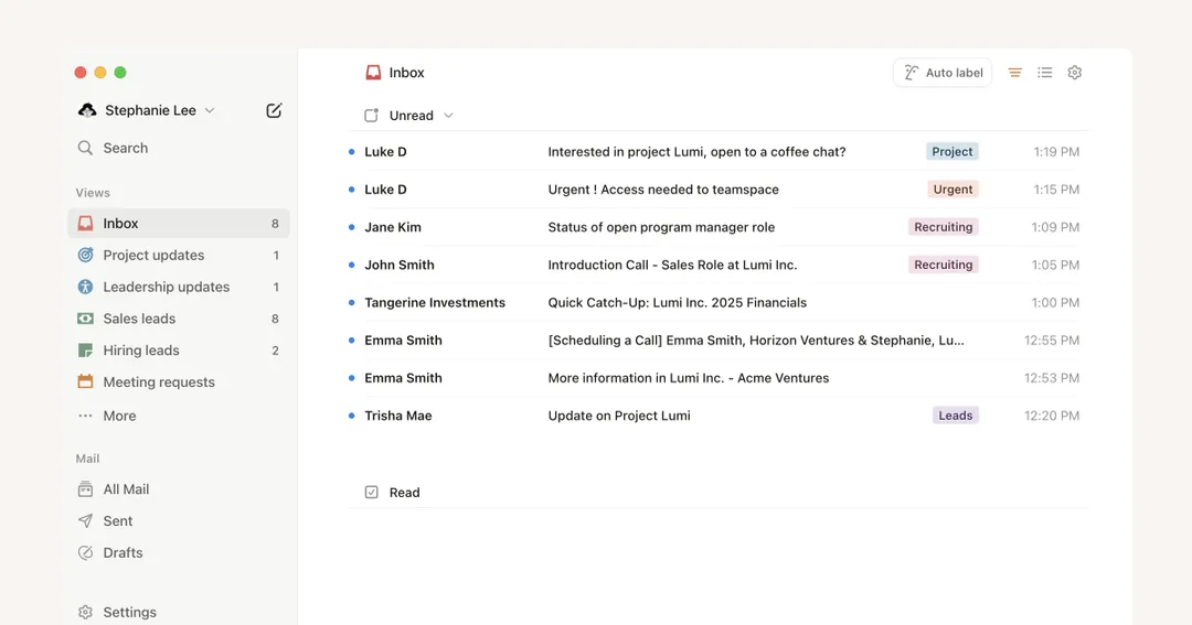 Notion Mail 官方截圖,左邊係自訂 views,中間係 email 列表同 Auto label 按鈕