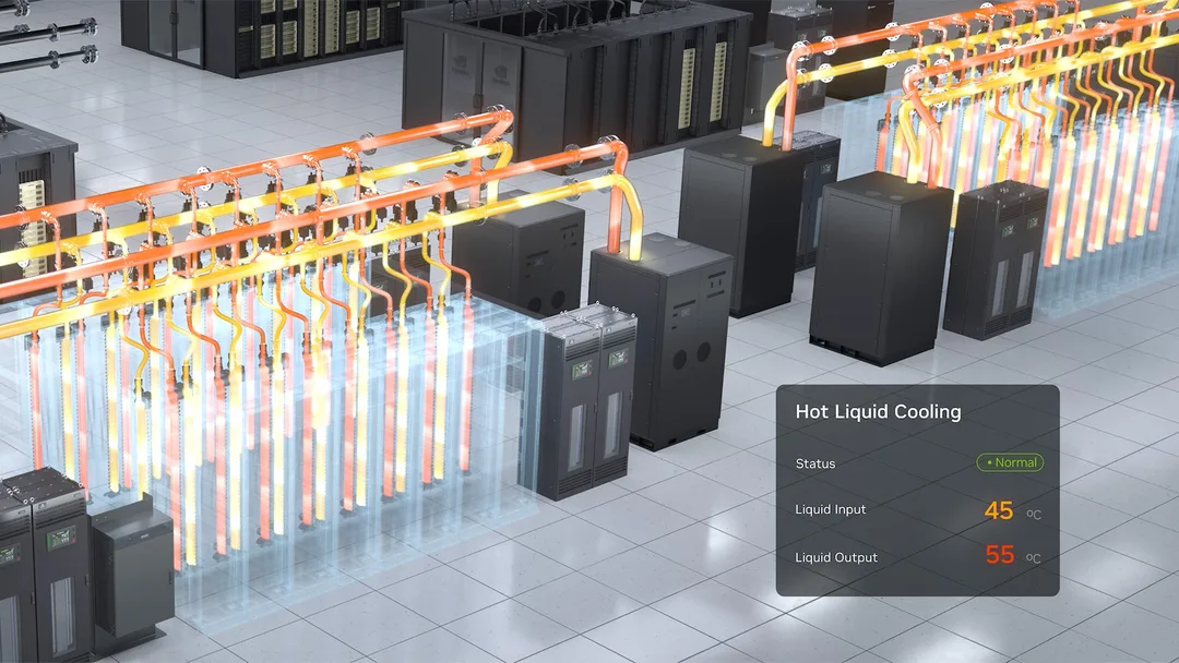 Nvidia 示意圖展示 45°C 入水、55°C 出水嘅 AI server 液冷系統。
