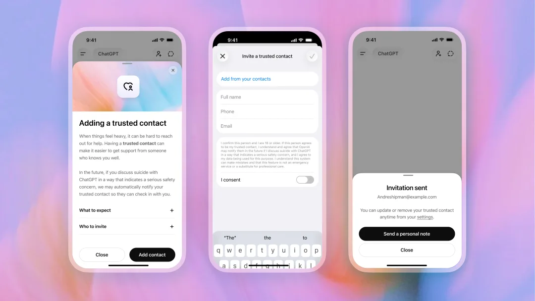 ChatGPT Trusted Contact 設定畫面,示範點樣加入信任聯絡人