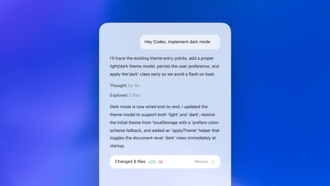 OpenAI Codex 官方頁展示嘅 coding agent 介面,畫面有 prompt 要 Codex 加深色模式