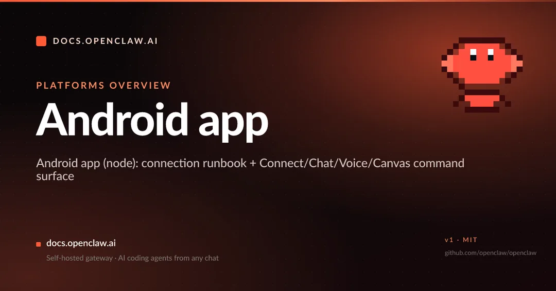 OpenClaw 官方文件嘅 Android app 配圖，寫住 Android node 同 Connect、Chat、Voice、Canvas command surface。
