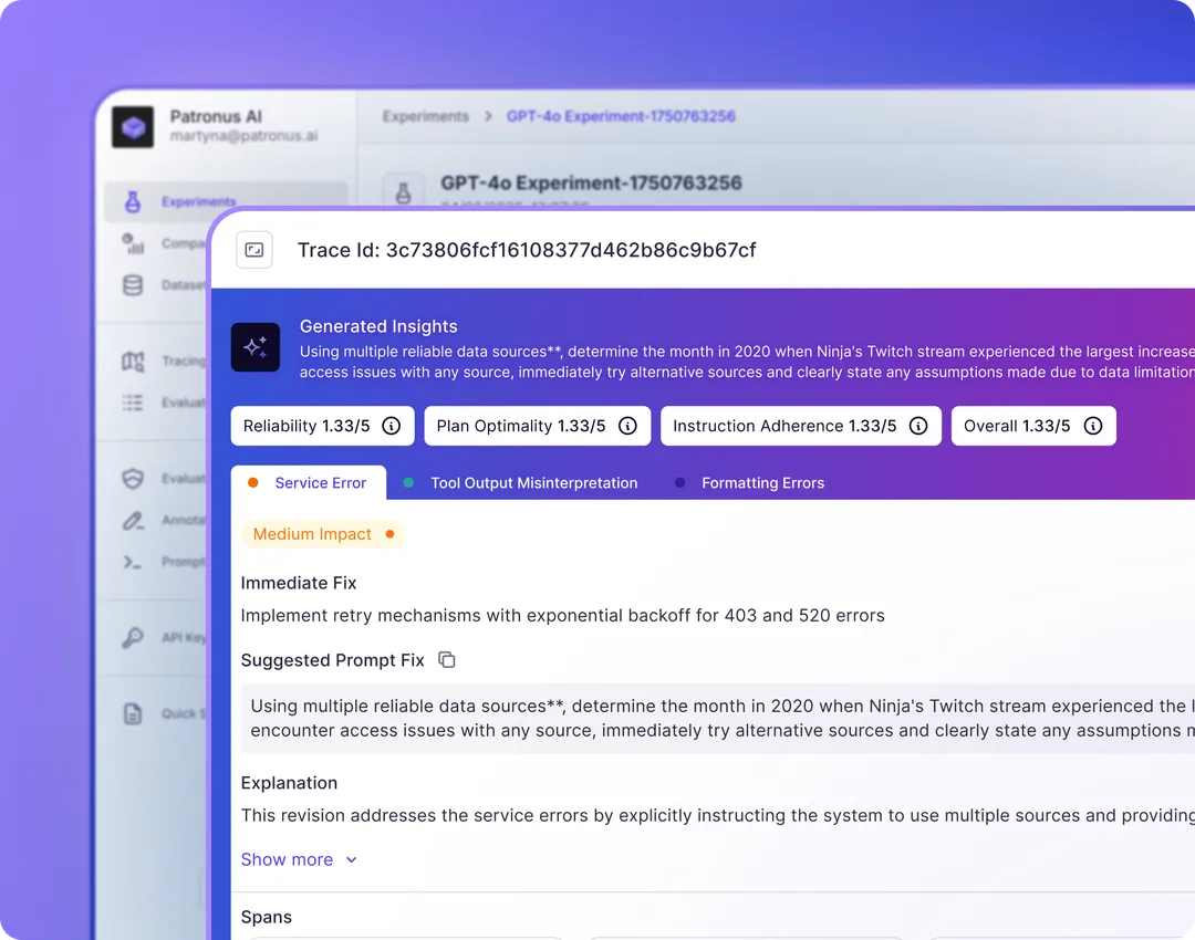 Patronus AI 官網入面展示 agent 評測 dashboard 嘅產品截圖