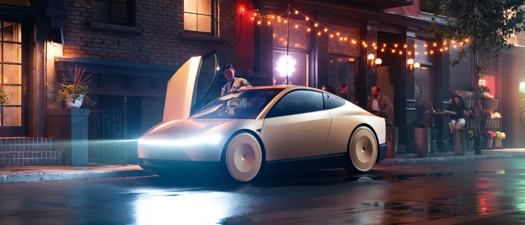 Tesla 官方 We, Robot 頁入面嘅 Robotaxi/Cybercab 產品相,金色雙門車停喺街邊。