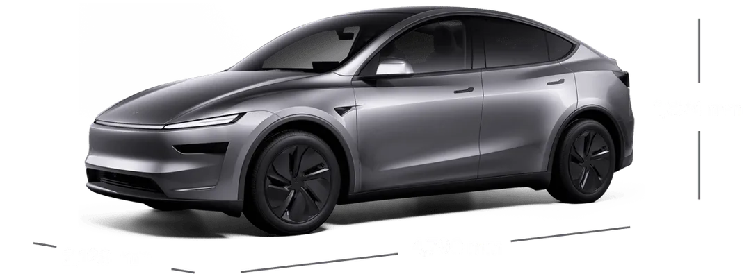 Tesla Model Y 官方產品圖，側面展示車身尺寸