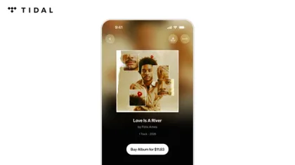 TIDAL Direct-to-Fan Sales 官方示意圖,手機畫面顯示一張可購買嘅上載專輯
