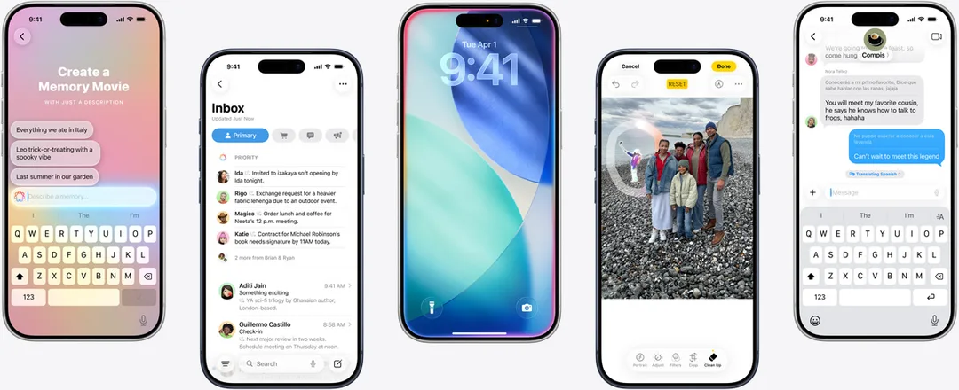 Apple Intelligence 官方產品頁圖，幾部 iPhone 展示 AI 功能畫面