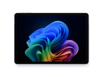 紫色 12 吋 Surface Pro 正面俯視圖，螢幕顯示 Windows 彩色桌布