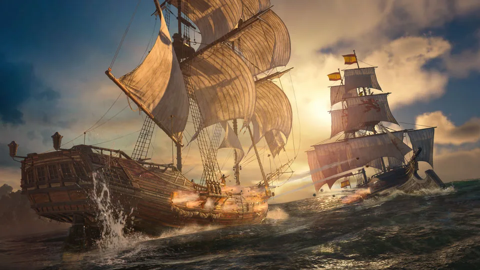 Assassin's Creed Black Flag Resynced 官方圖,兩艘帆船喺海上交戰。