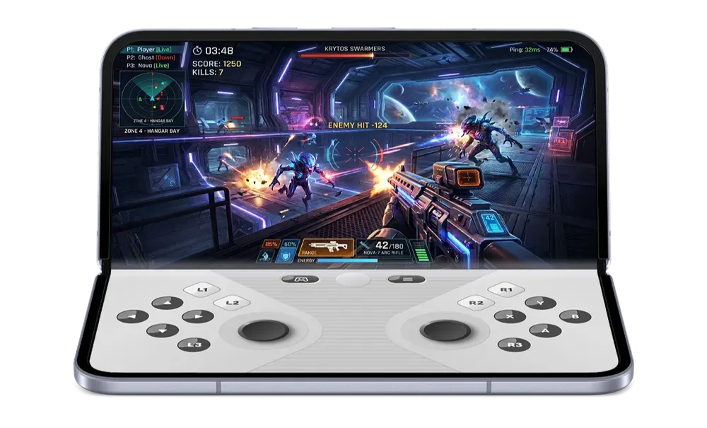 摺機畫面上半部開遊戲、下半部係 Android 17 虛擬手掣示範
