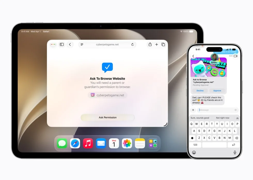 iPad 顯示 Ask to Browse 網站批准畫面，旁邊 iPhone 顯示家長喺訊息入面收到批准要求
