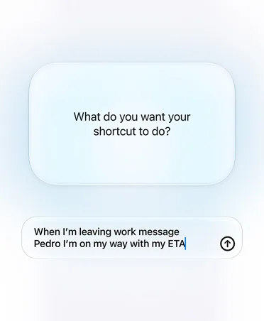 畫面顯示用戶用一句描述叫 Siri AI 建立 Shortcuts workflow,離開公司時自動傳 ETA 訊息
