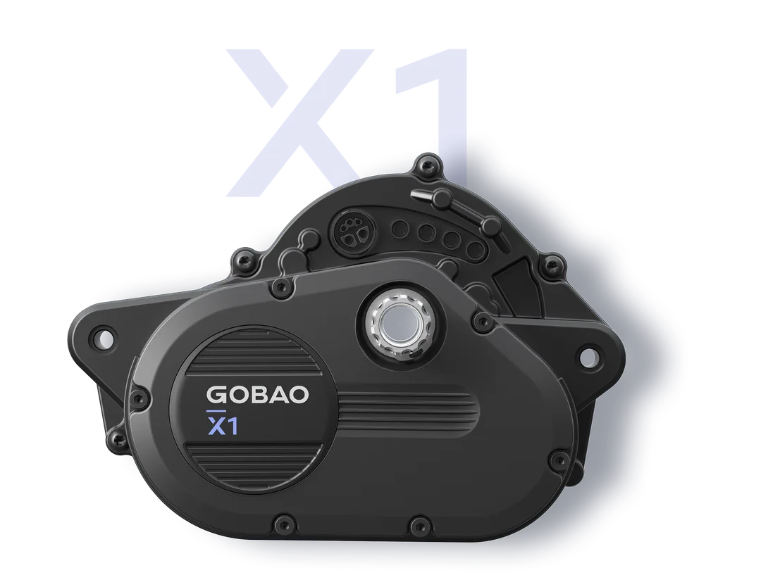 Gobao X1 MGU 中置摩打產品 render,黑色外殼上有 X1 字樣。