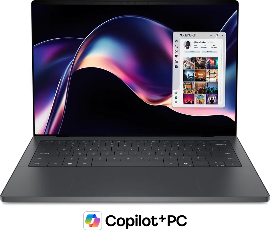 Dell XPS 14 2026 正面打開機身，屏幕顯示 Copilot+ PC 介面