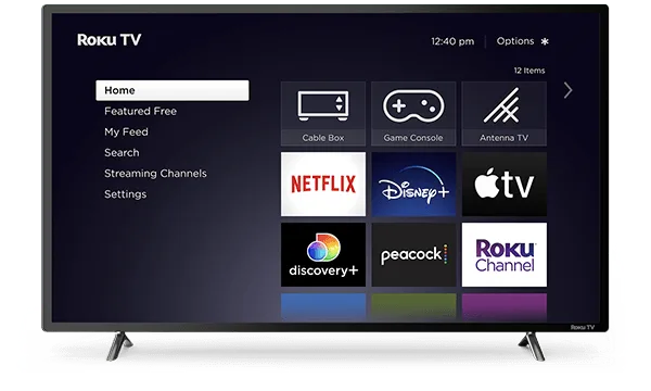 Roku TV 主畫面展示 Netflix、Disney+、Apple TV 同 Roku Channel app