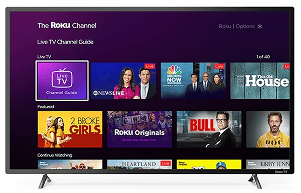 Roku Channel 喺電視上嘅 live TV channel guide 畫面
