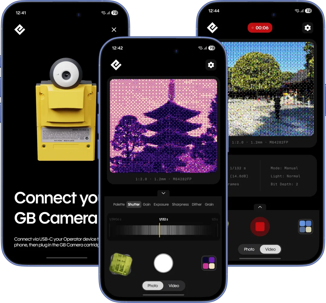 Flashback 喺三部手機上顯示 GB Operator、Game Boy Camera 取景同錄影介面