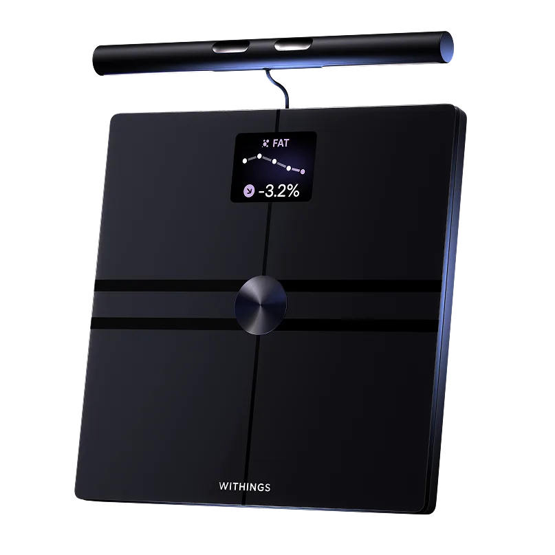 Withings BodyFit 智能磅正面產品圖，可見可拉出手柄同機身顯示屏