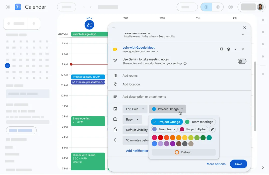 Google Calendar 入面揀 event 顏色嘅介面，顯示更多色彩選擇同自訂色