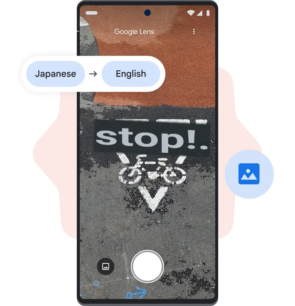 Google Translate 產品頁圖,手機畫面示範用 Google Lens 將日文翻譯成英文