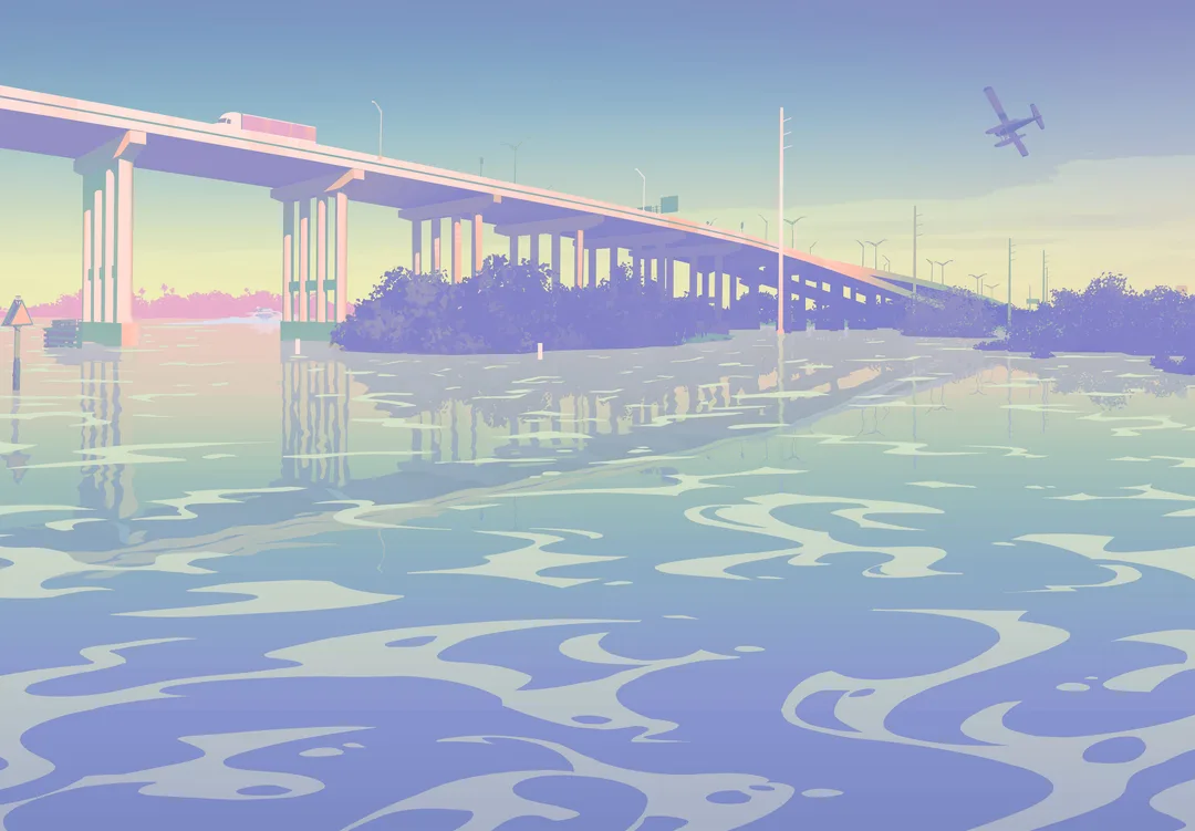 《GTA VI》官方頁面入面嘅 Leonida 海邊高架橋美術圖。