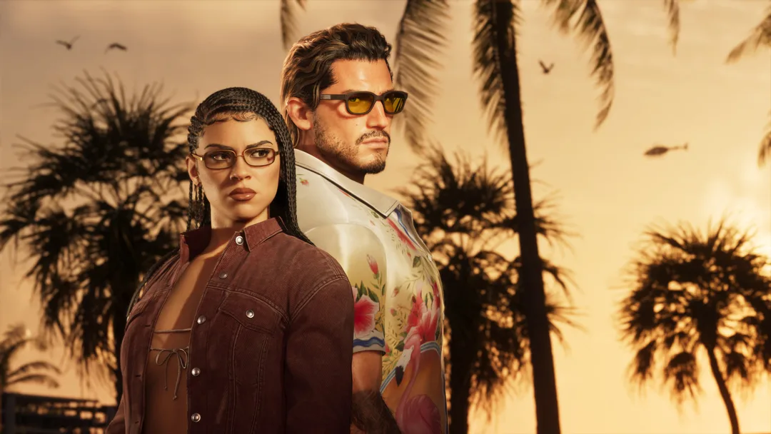 《GTA VI》官方截圖,Lucia 同 Jason 企喺棕櫚樹背景前
