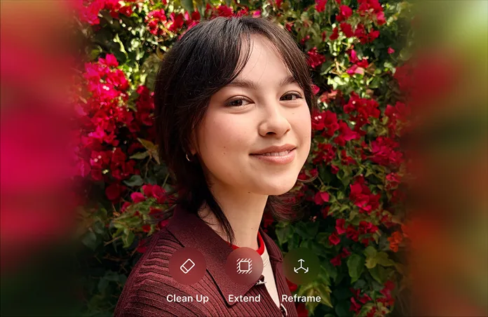 Apple Intelligence 相片編輯示意圖，畫面有 Clean Up、Extend、Reframe 三個工具按鈕