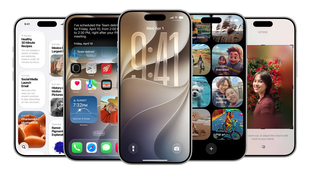 多部 iPhone 顯示 iOS 27 鎖定畫面、主畫面同 Apple Intelligence 相關介面