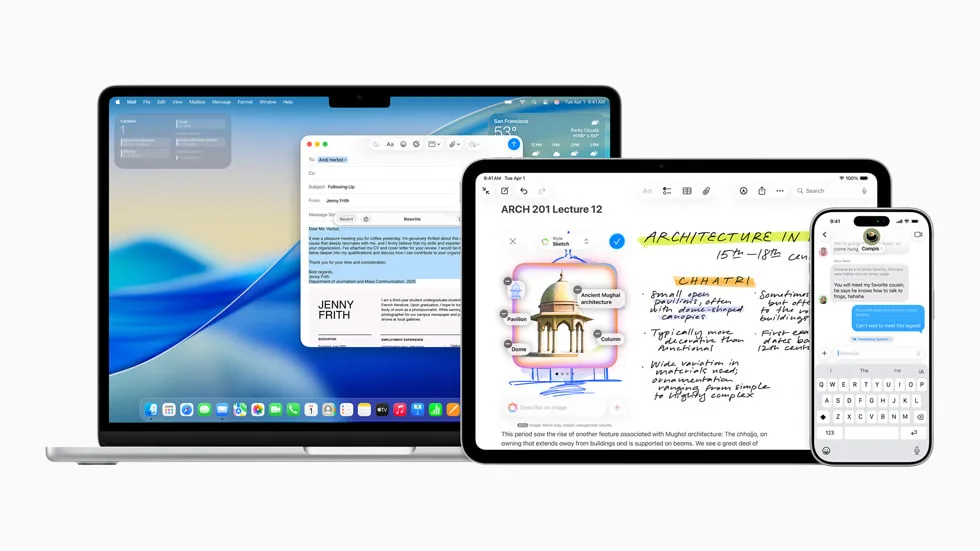 MacBook、iPad 同 iPhone 顯示 Apple Intelligence 嘅 Writing Tools、Image Wand 同 Live Translation 介面