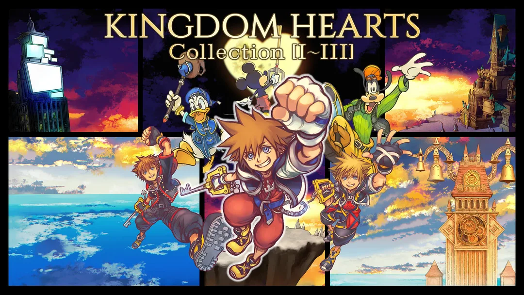 《Kingdom Hearts Collection I~III》Switch 2 版官方主圖,Sora、Donald、Goofy 同米奇剪影喺畫面中央