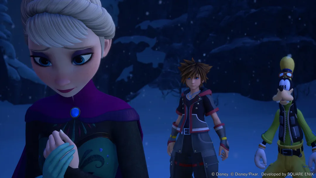 《Kingdom Hearts III》雪地場景截圖,Elsa、Sora 同 Goofy 同場