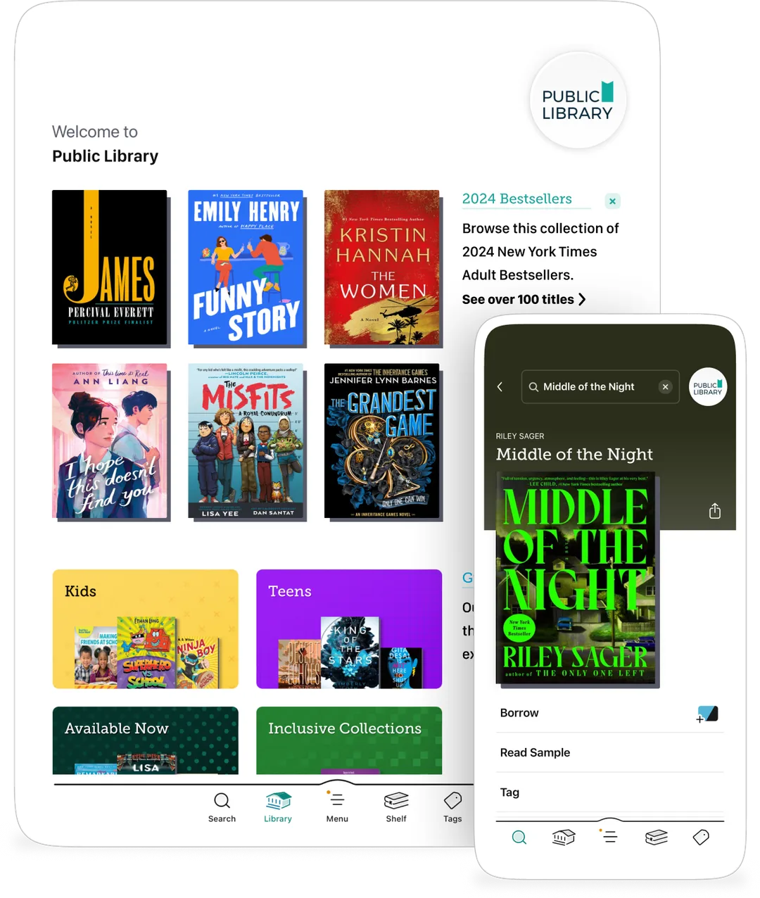 Libby app 喺平板同手機顯示電子書同有聲書館藏畫面