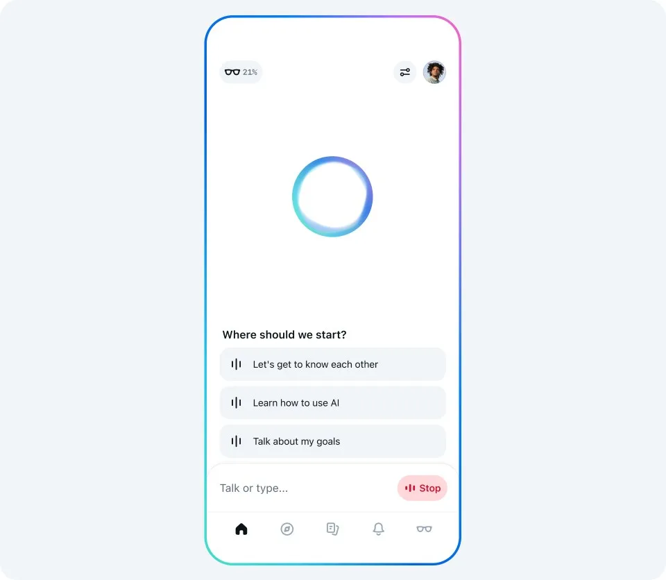 Meta AI app 官方首頁示意,畫面有對話入口同底部分頁