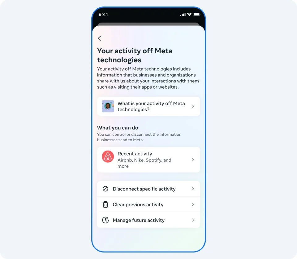 Meta Accounts Center 入面 Off-Meta activity 設定截圖