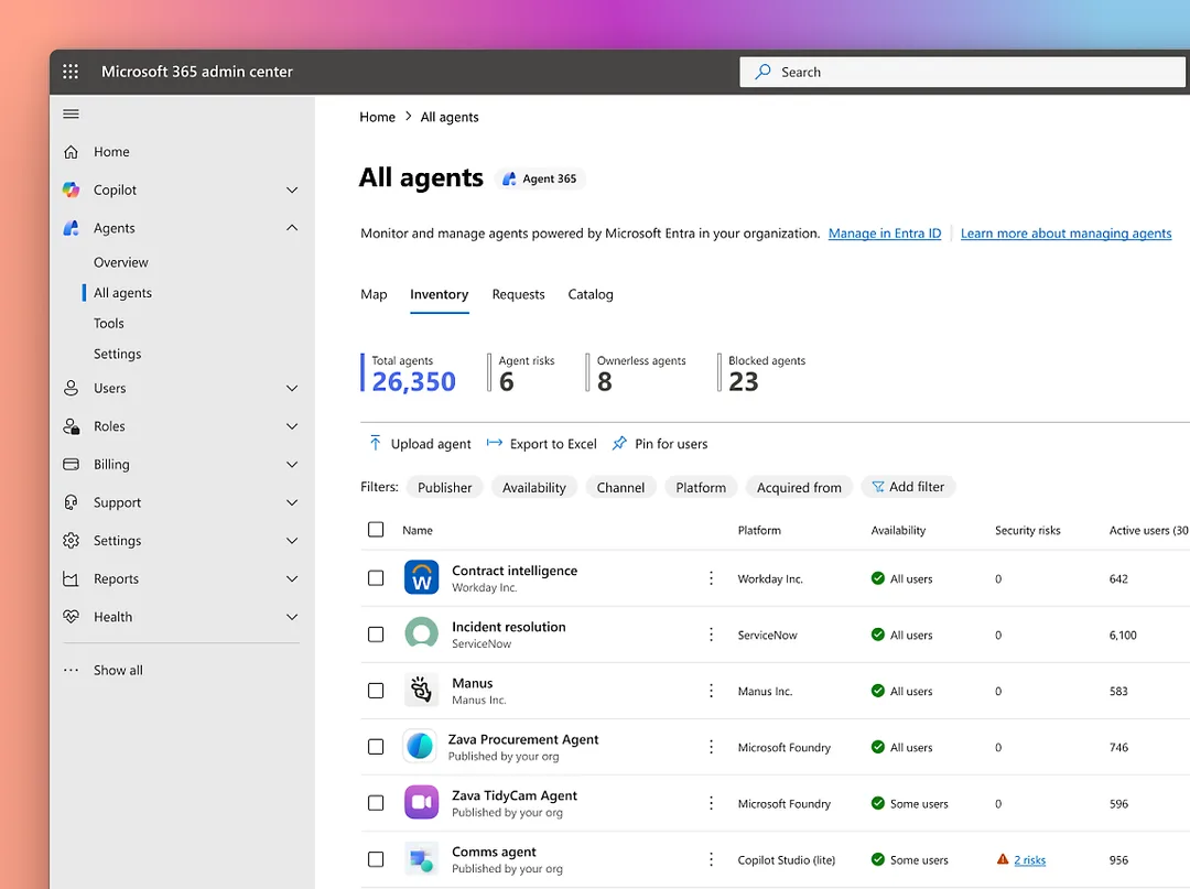 Microsoft 365 admin center 入面嘅 Agent 365 清單截圖，顯示多個 agent 同使用狀態
