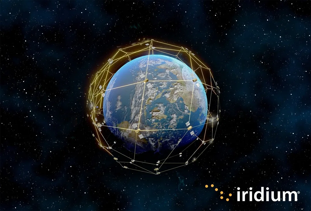 Iridium 低軌衛星網絡概念圖,顯示多粒衛星圍住地球連線