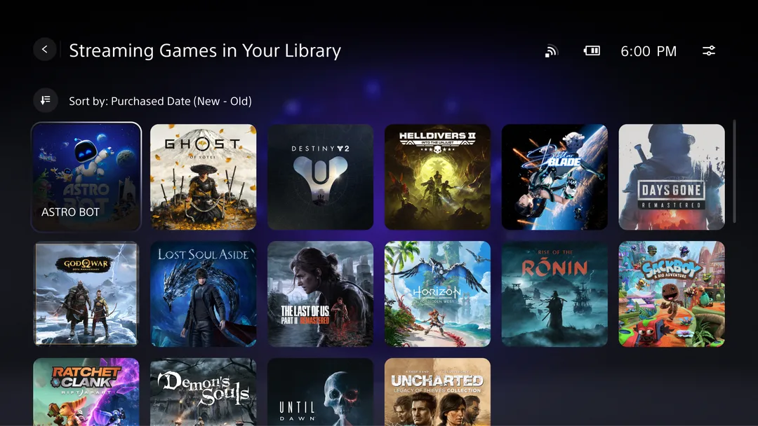 PS Portal 雲端串流遊戲庫介面,畫面顯示多款 PS5 遊戲封面