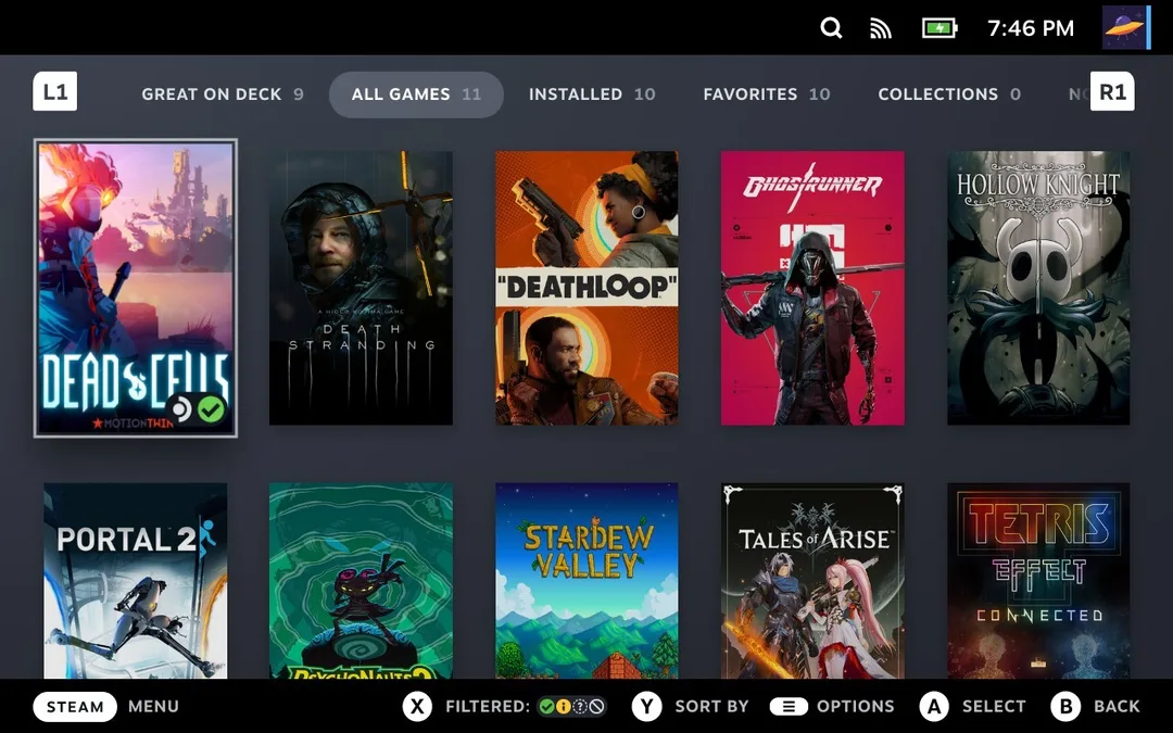 SteamOS 遊戲庫介面截圖,手掣導向嘅大圖磚排列