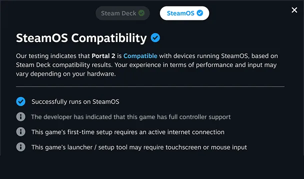 SteamOS Compatibility 彈窗,顯示 Portal 2 喺 SteamOS 嘅兼容提示