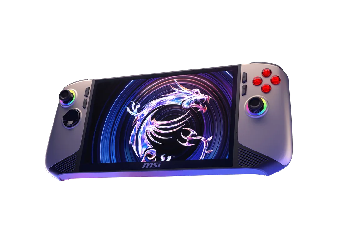 MSI Claw 8 AI+ 掌機產品圖,機身前方有 RGB analog stick 同 MSI 龍圖案畫面