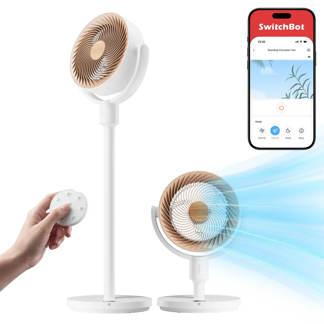 SwitchBot Standing Circulator Fan 以座地同短身形態示範,旁邊有 app 控制畫面同遙控器