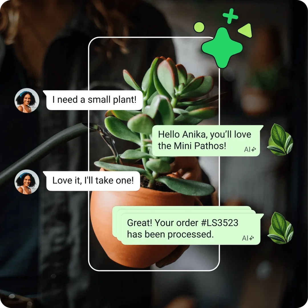 WhatsApp Business 官網嘅 AI 商業訊息示意圖，畫面有植物訂單對話同 AI 回覆泡泡。