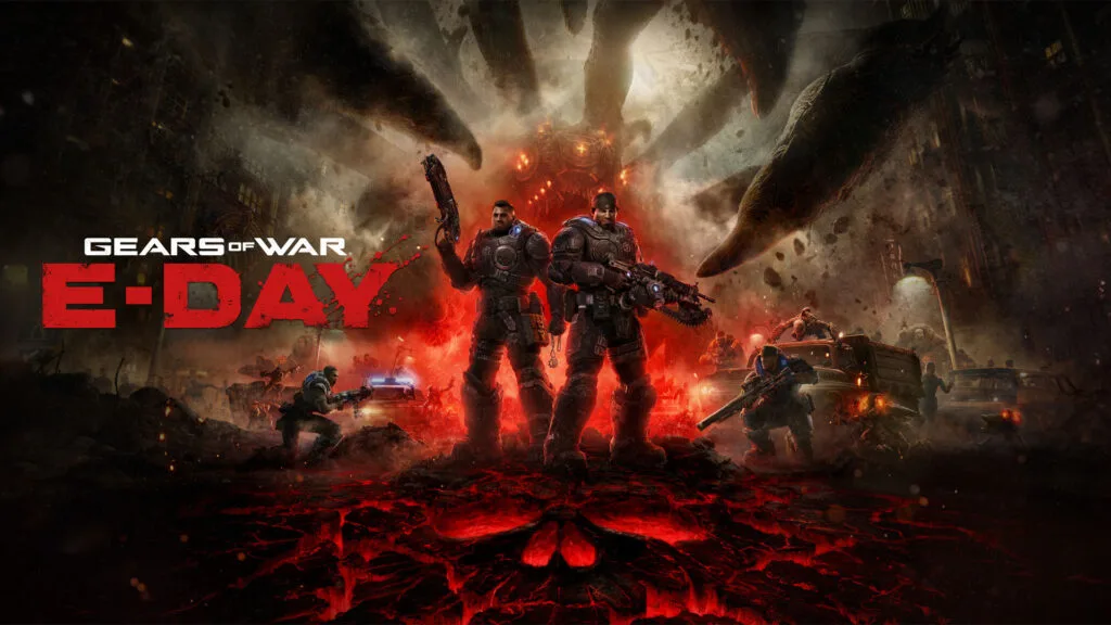 Gears of War: E-Day key art,Marcus 同 Dom 喺戰場中央